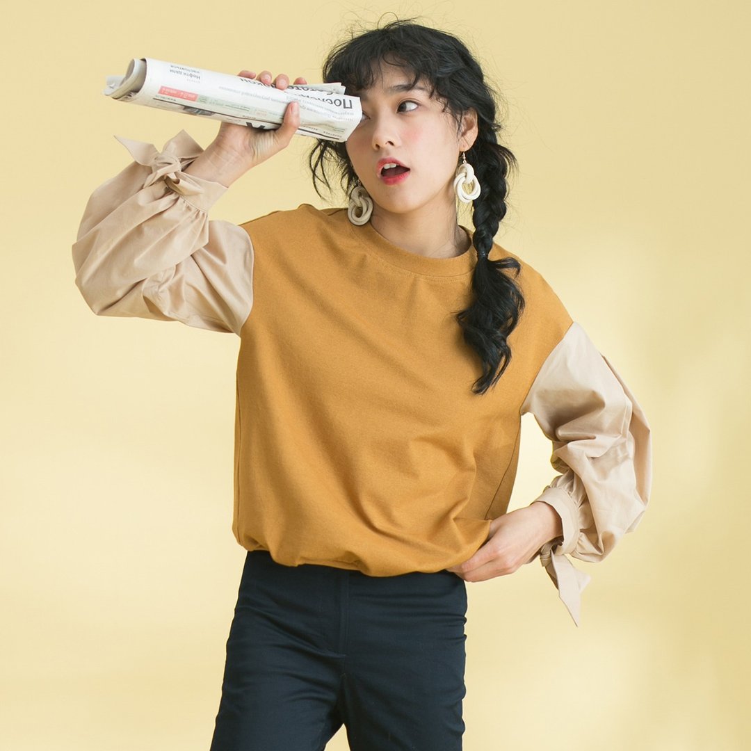 安妮陈2018春夏装新款文艺女装上衣拼接撞色卫衣T恤 - 女装上衣 - 棉 黄色