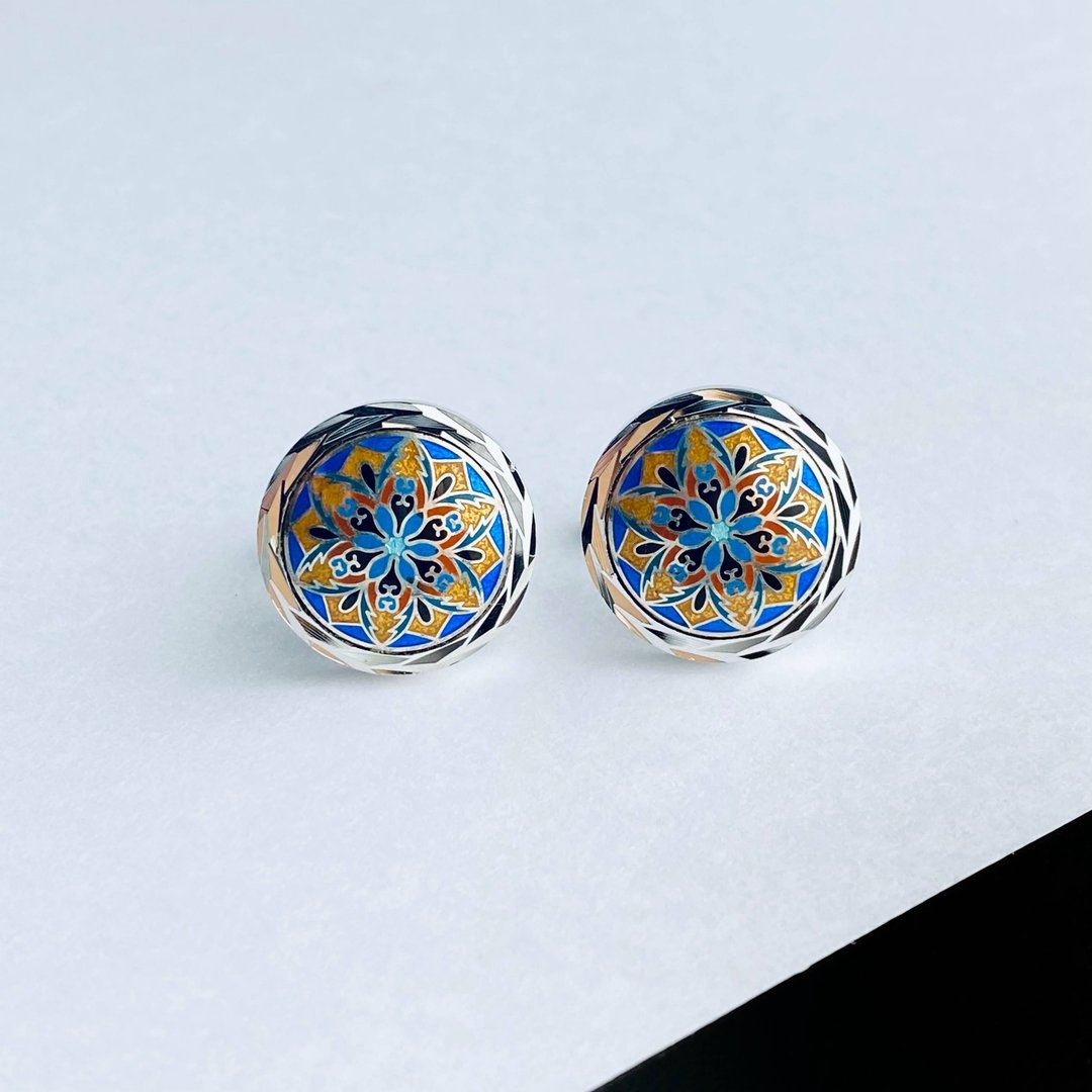 Twelve-sided mirror [Aoheki Blue] Cloisonne ware cufflinks Cufflinks Pure silver metal cloisonne - 袖扣 - 其他材质 蓝色