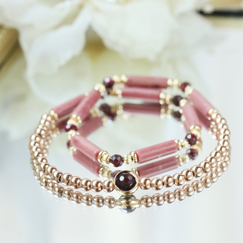 凡尔赛的玫瑰/石榴石/蔷薇辉石/玫瑰金珠双圈天然石水晶手链 - 手链/手环 - 水晶 粉红色