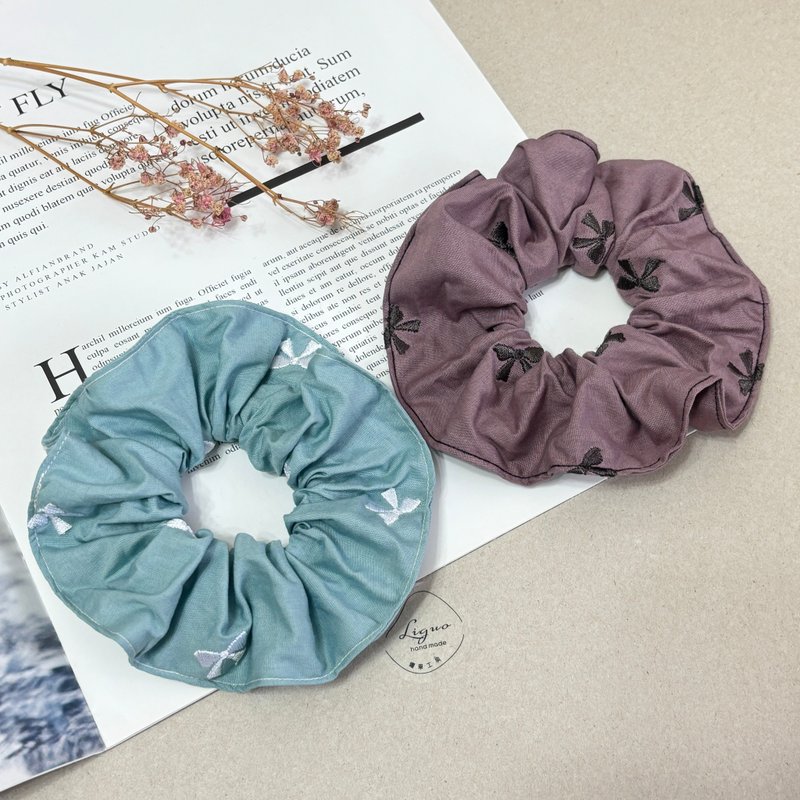 刺绣蝴蝶结 | 大肠圈 - 发饰 - 棉．麻 粉红色