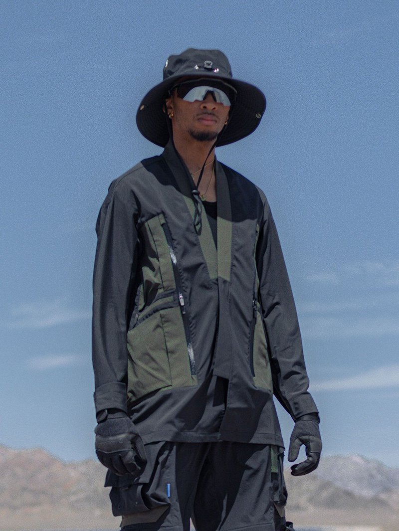 3D中式机能解构叠袋防水和服道袍外套 - 男装外套 - 聚酯纤维 黑色