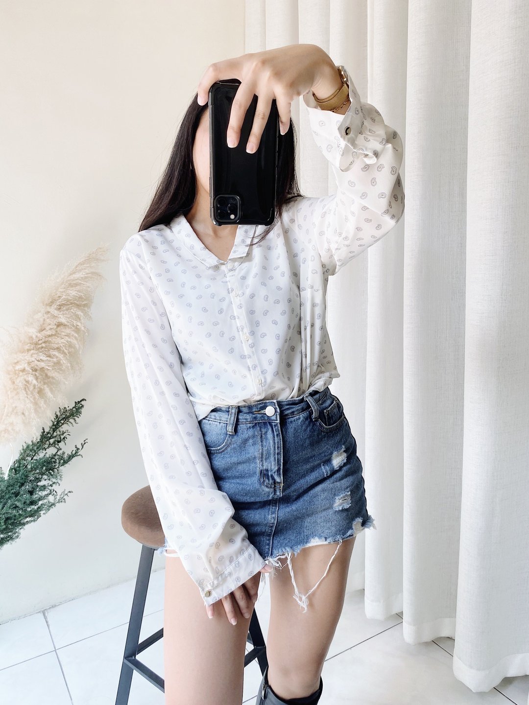 纯白小翻领轻轻缀点青涩秋季 古着纺纱衬衫上衣vintage Shirt - 女装衬衫 - 聚酯纤维 白色