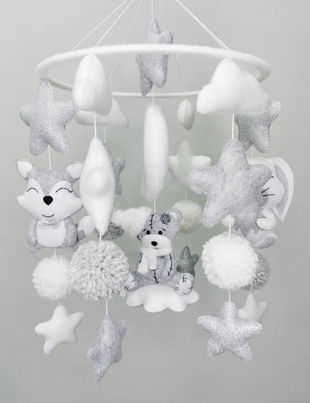 Felt Mobile Musical Bebe for Expecting Parents Gift in Woodland Baby Shower - 婴儿饰品 - 环保材料 灰色