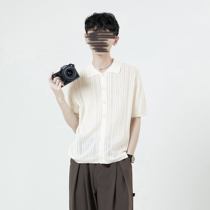 镂空织纹开襟针织衫 / 米 / - 男装针织衫/毛衣 - 聚酯纤维 白色