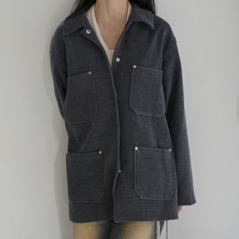 银扣方袋口-中性风直纹绒面上衣外套-蓝色 - 女装休闲/机能外套 - 尼龙 蓝色