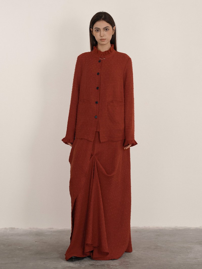 法式极简 / 立领花边衬衫 半裙套装 - 女装上衣 - 其他材质 红色