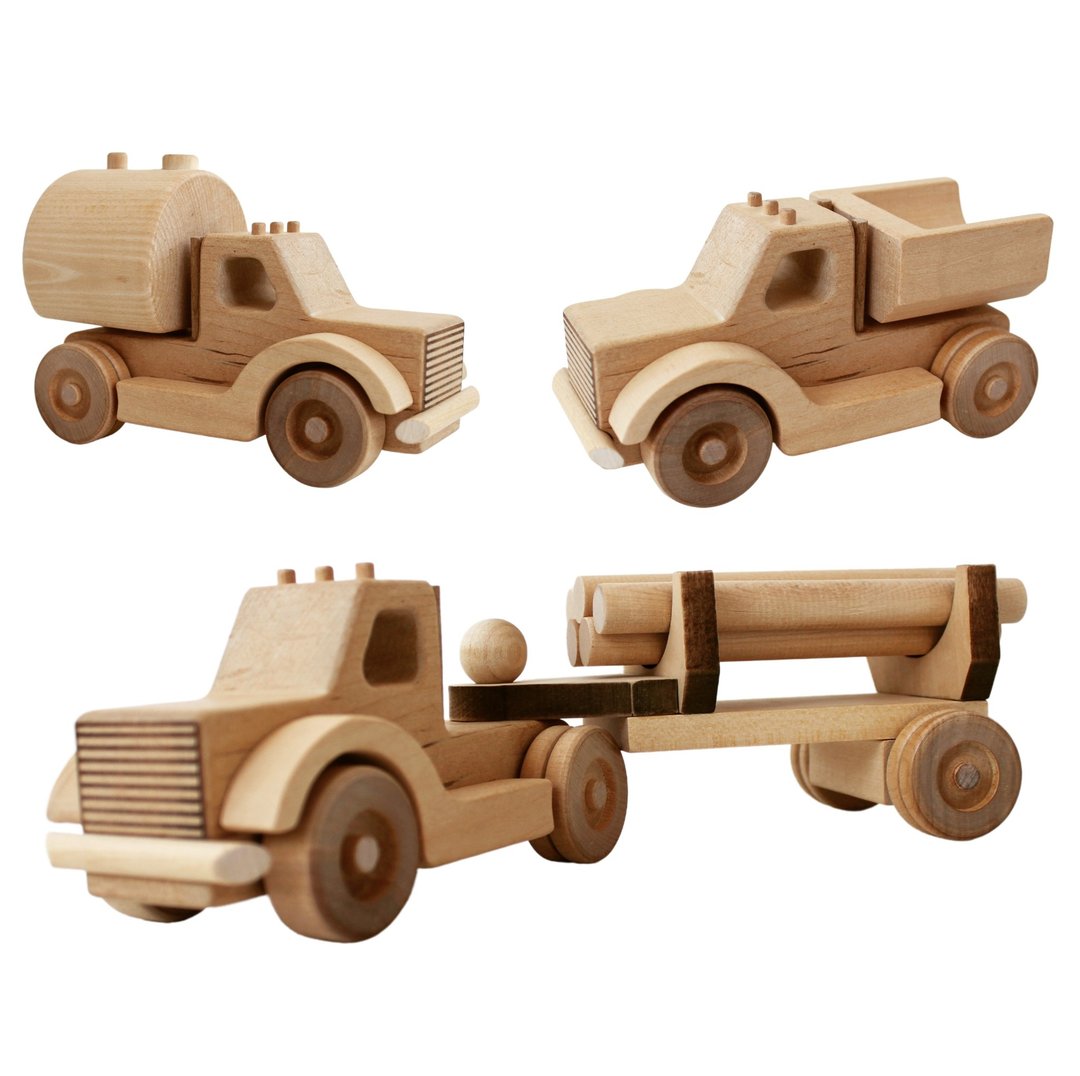 Wooden truck 3 in 1 - log truck, dump truck, car with tank. Montessori baby toys - 玩具/玩偶 - 木头 咖啡色