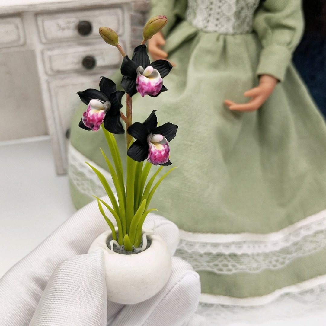 迷你黑色兰花盆栽 1:6 比例玩具屋花朵手工制作 - 植栽/盆栽 - 其他材质 黑色