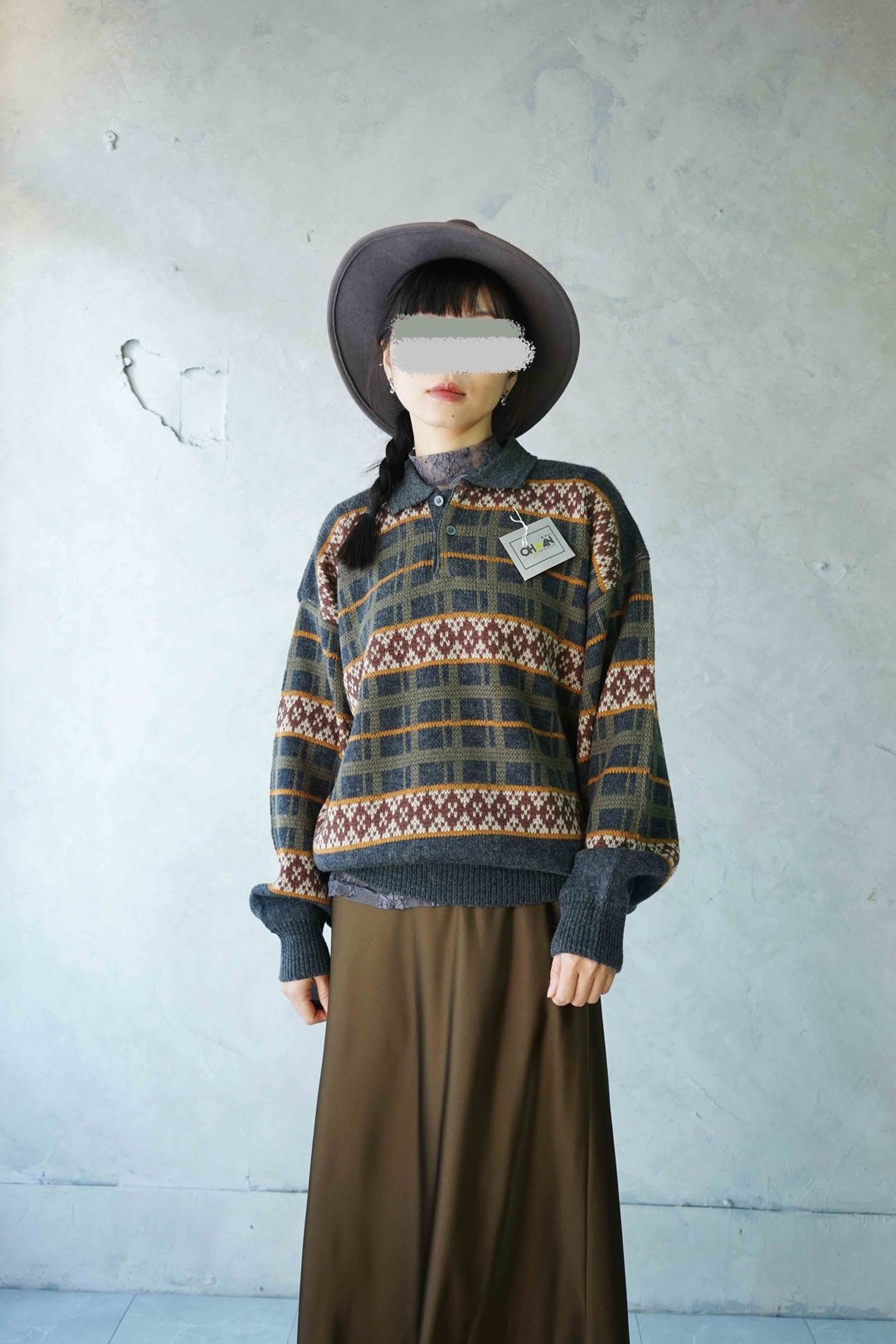 寻宝古着 - 全新品几何缇花深灰 polo 领亲肤复古毛衣 - 女装针织衫/毛衣 - 聚酯纤维 灰色
