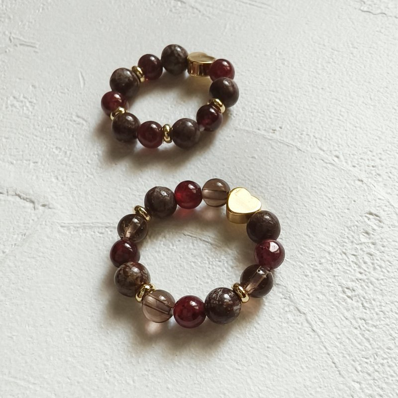 草莓巧克天然晶石食指戒 (石榴石。雪花黑曜石.茶水晶) - 戒指 - 水晶 咖啡色