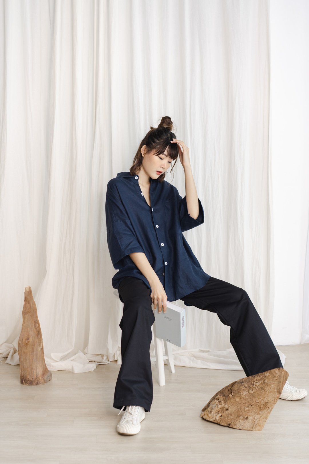 Linen Oversized Boyfriend Short Sleeve Shirt - Navy - 中性连帽卫衣/T 恤 - 亚麻 蓝色