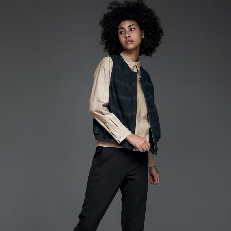 条纹毛料抓褶背心 - 女装背心 - 羊毛 黑色