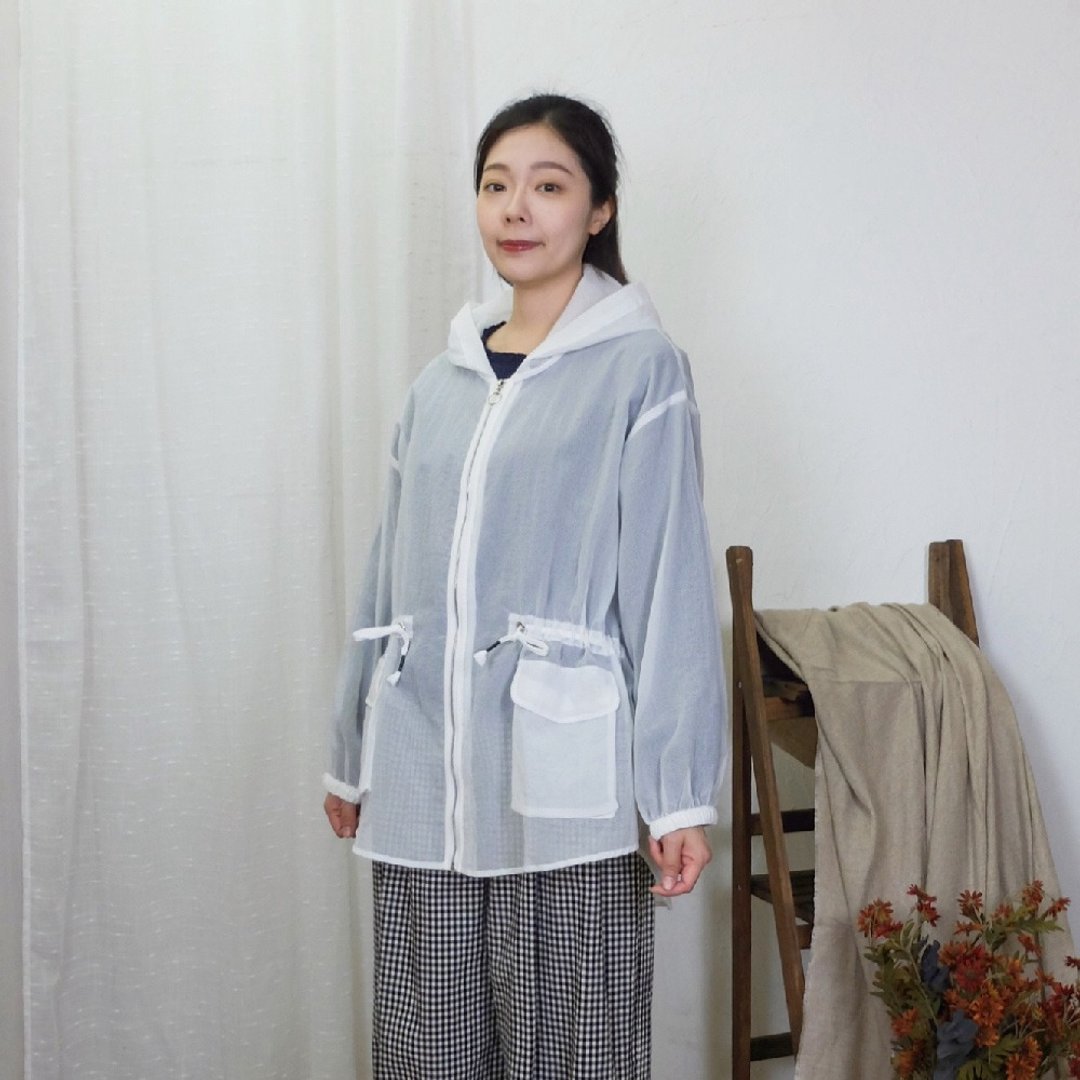 Hana Mokuba 前短后长半透纱网绑带收腰宽松连帽外套 - 女装休闲/机能外套 - 其他材质 