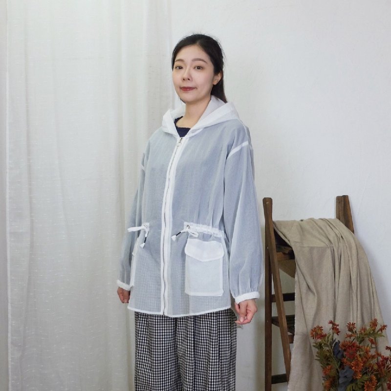 Hana Mokuba 前短后长半透纱网绑带收腰宽松连帽外套 - 女装休闲/机能外套 - 其他材质 