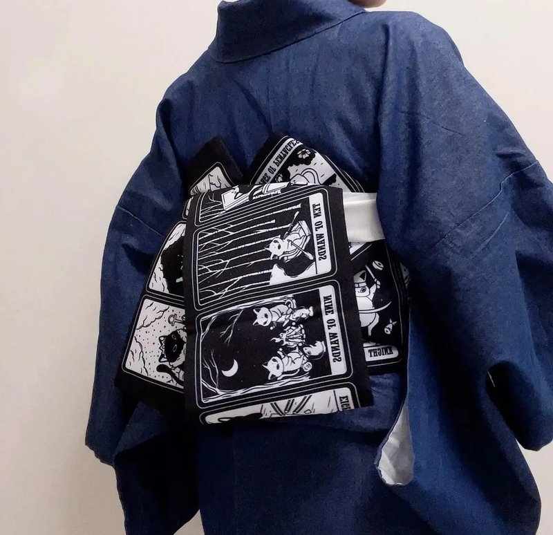 双面和服半幅带/ 浴衣腰带 - 黑色猫咪塔罗牌样式 - 皮带/腰带 - 聚酯纤维 黑色