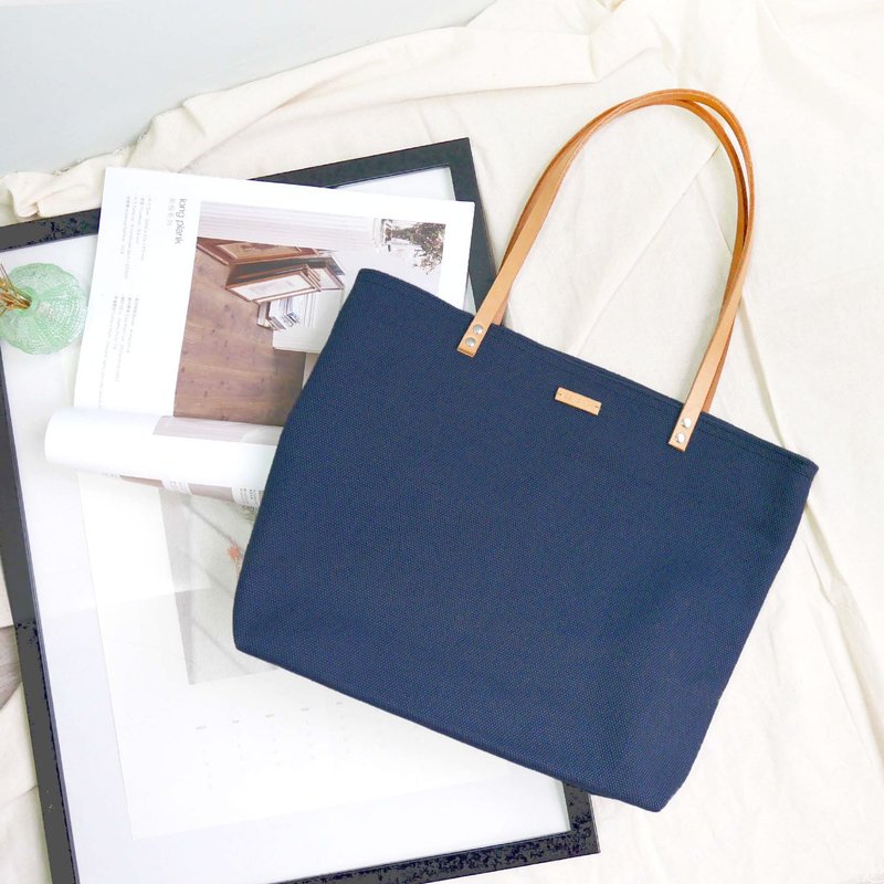 和风帆布重磅极简托特手提包－牛皮带中包 #37海军蓝NAVY - 手提包/手提袋 - 棉．麻 蓝色