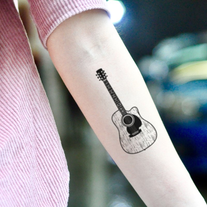 OhMyTat 原声木吉他 Acoustic Guitar 刺青图案纹身贴纸 (2 张) - 纹身贴 - 纸 黑色