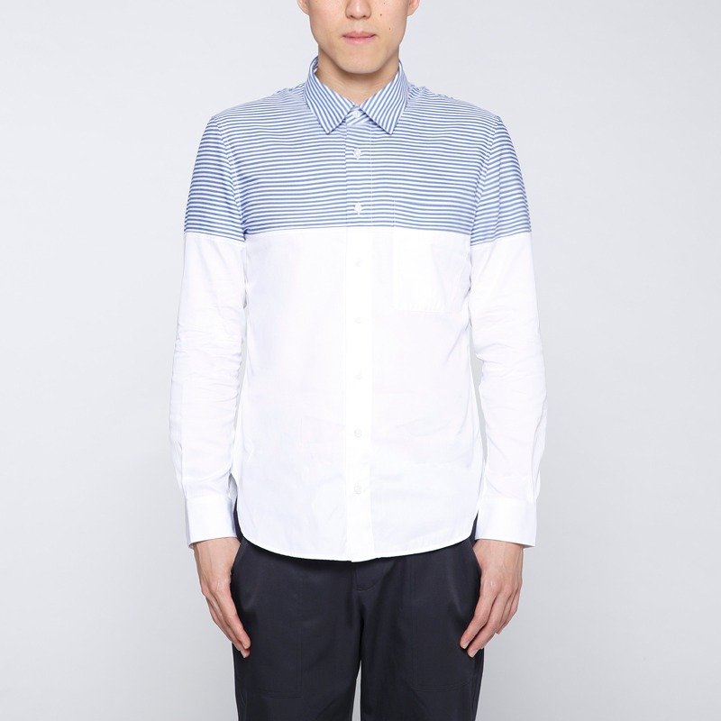 【特卖出清】胶原蛋白条纹剪接衬衫 - 蓝 - 男装衬衫 - 棉．麻 蓝色