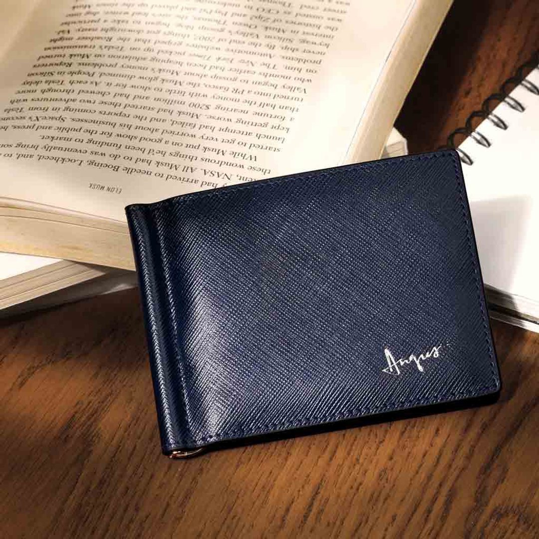 Crudo Leather | Raffinato 定制烫名皮革钱夹 (十字纹蓝色) - 皮夹/钱包 - 真皮 蓝色
