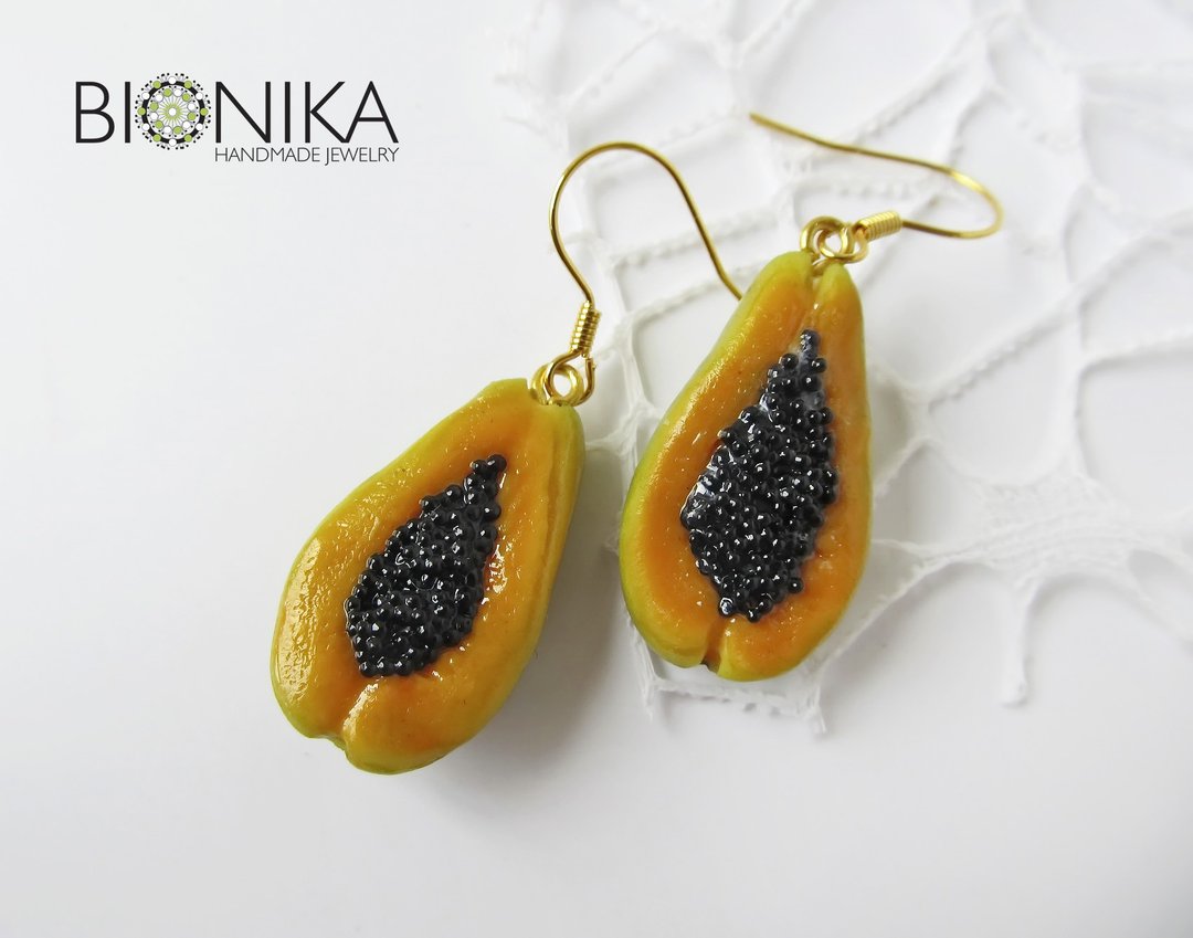Papaya Fruit Earrings Fruit food earrings Vegetable miniature tropical jewelry - 耳环/耳夹 - 粘土 黄色