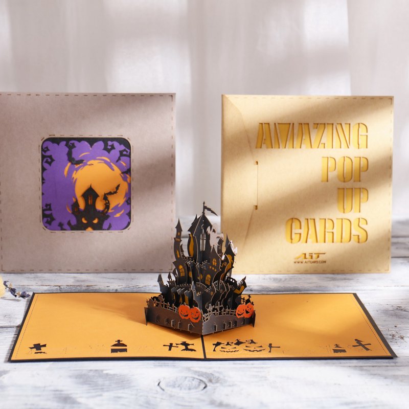 手作360度全立体卡片_搞怪搞怪万圣夜_暗黑黑城堡 - 卡片/明信片 - 纸 红色