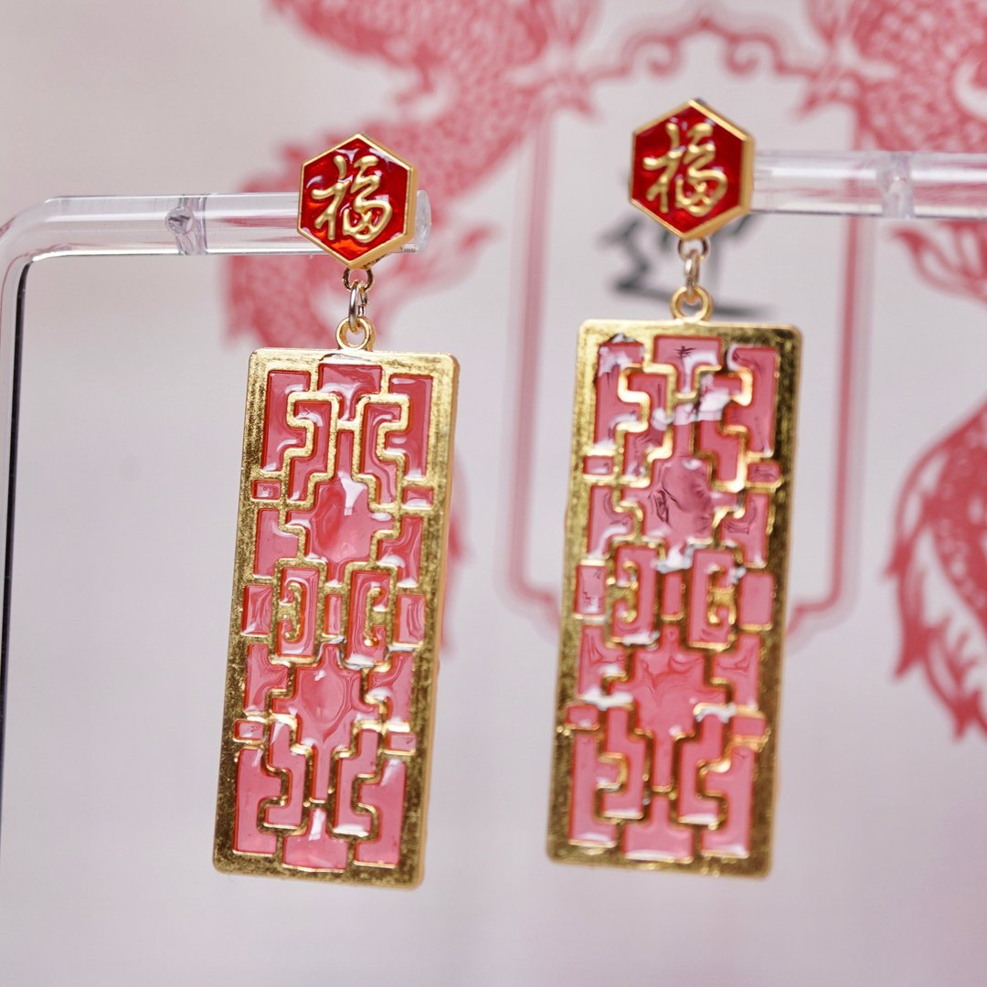 中华餐馆 窗格耳饰 - 耳环/耳夹 - 其他金属 红色