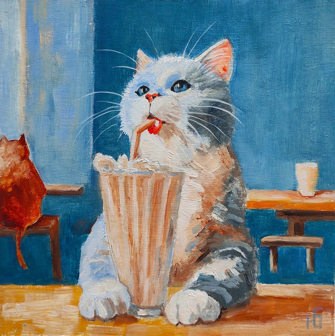 猫原创油画，有趣的宠物肖像，小猫墙壁艺术。 油画, 油画原作 - 海报/装饰画/版画 - 其他材质 多色