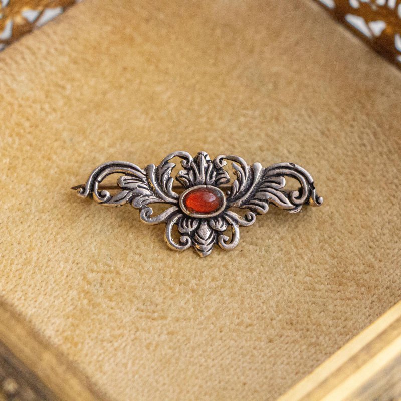 美国古董 纯银镶琥珀色石 巴洛克造型胸针 - 胸针 - 纯银 银色