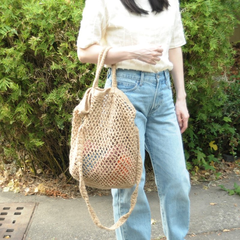 大大斜背手提编织包/麻绳编织/斜背手提两用包/编织包 - 侧背包/斜挎包 - 棉．麻 卡其色