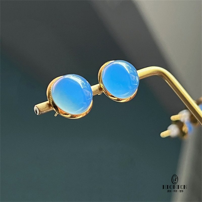 东方既白~原创小众天然蓝玛瑙银针圆耳钉耳夹新中式复古秋冬 - 耳环/耳夹 - 其他材质 
