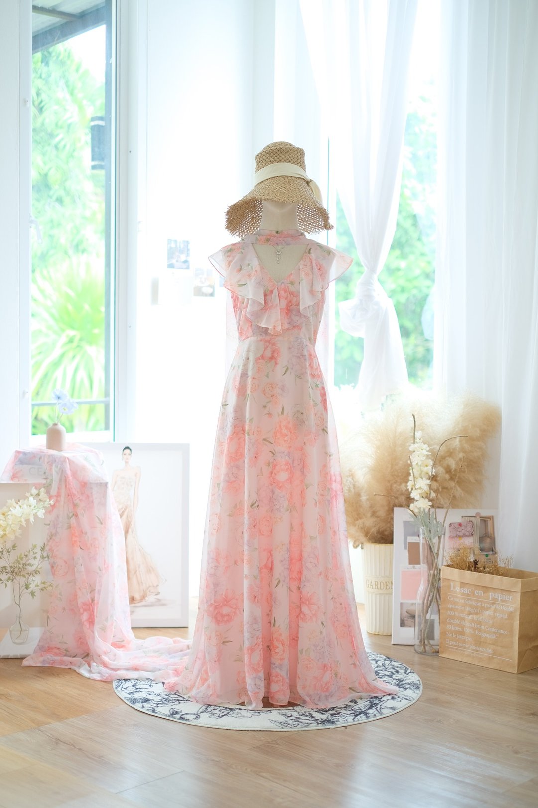 蜜桃色碎花长洋装，适合担任伴娘服或参加正式场合。 - 晚装/礼服 - 聚酯纤维 粉红色