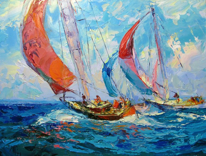 Sailboat Painting Original Art Ocean Art Sailboat Nautical Wall Art Seascape - 插画/绘画/写字 - 其他材质 蓝色