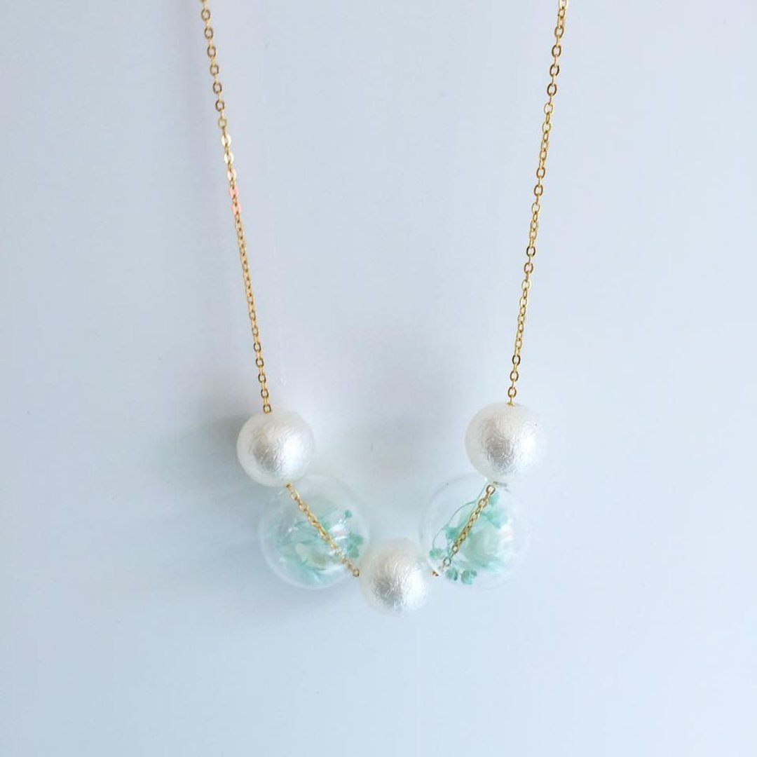 几何 圆珠 薄荷绿 玻璃珠 原创 手作 项链 颈链首饰 镀16K金铜链 Beads Ball Necklace Mint Green Free Shipping - 颈链 - 其他材质 绿色