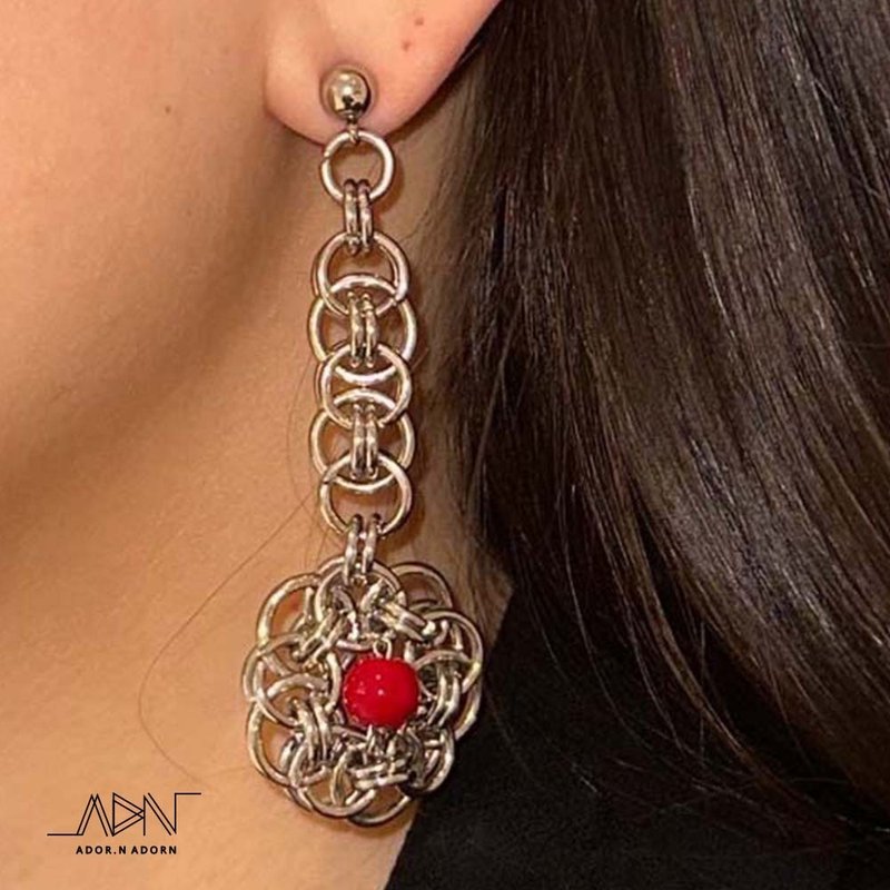 红色花朵耳环 - 耳环/耳夹 - 不锈钢 银色