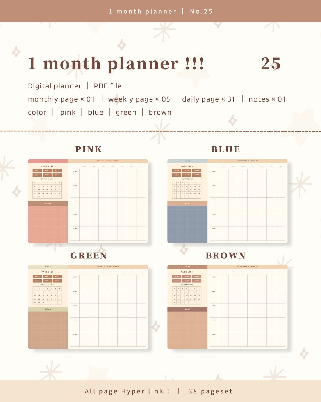 [Monthly planner / No.25 / Horizontal] Digital planner that can be used repeatedly every month - 其他数码商品 - 其他材质 