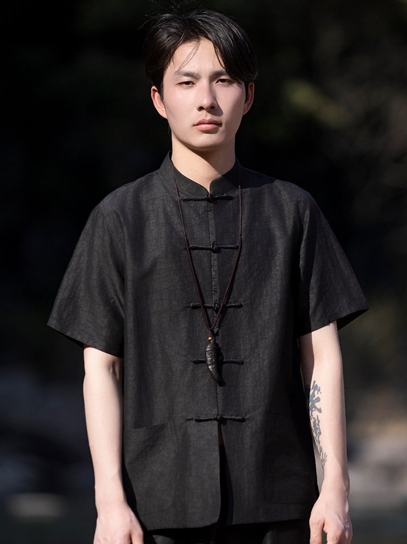 新中式复古 桑蚕丝香云纱短袖衬衫 - 男装衬衫 - 其他材质 黑色
