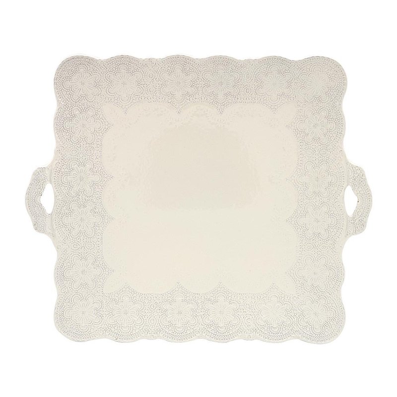 意大利VBC casa手工浮雕蕾丝系列43x37cm方形双耳果盘(米白色) - 盘子/餐盘/盘架 - 陶 白色