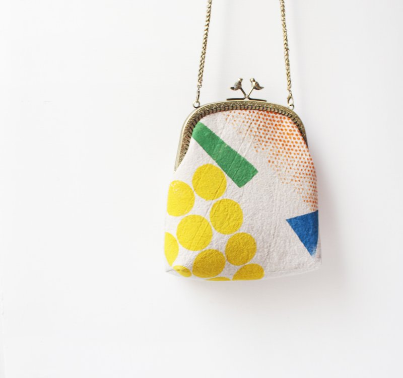 手工绢印口金包几何（口宽18厘米 - 侧背包/斜挎包 - 棉．麻 黄色