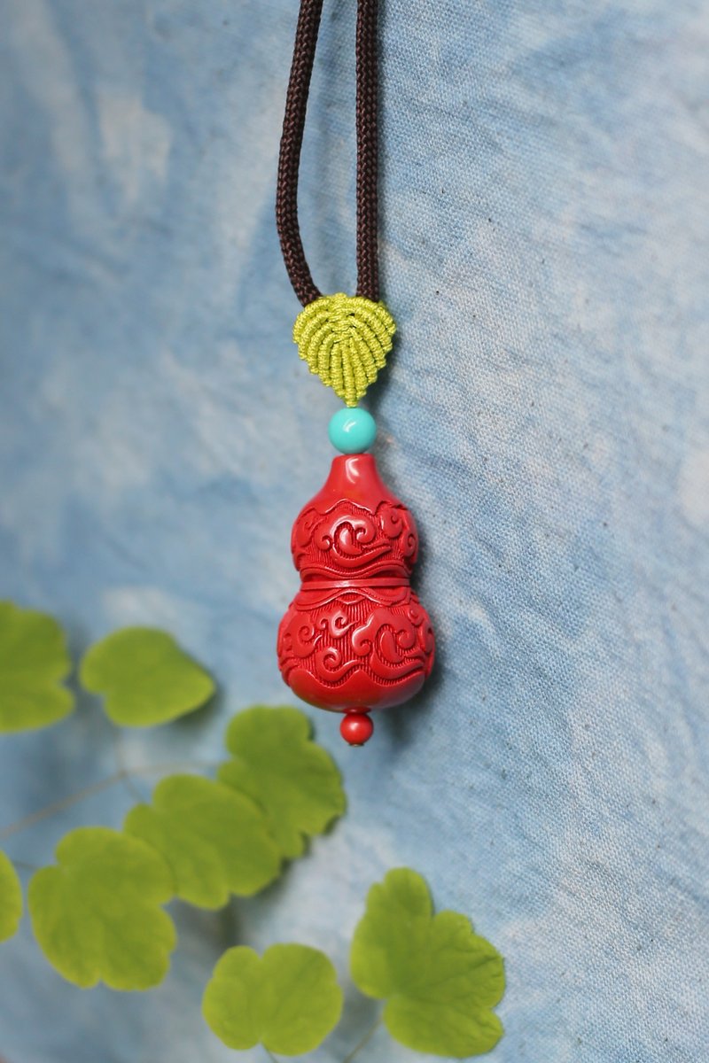 春秋手作 | 原创绳编 | 祥云葫芦 简洁款  | 帝王砂 辟邪 化太岁 - 项链 - 半宝石 红色