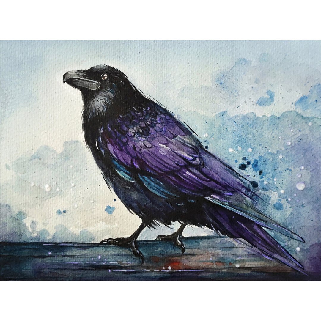 Raven Painting Bird Original Art Crow Artwork Watercolor Painting Crow Wall Art - 海报/装饰画/版画 - 纸 紫色