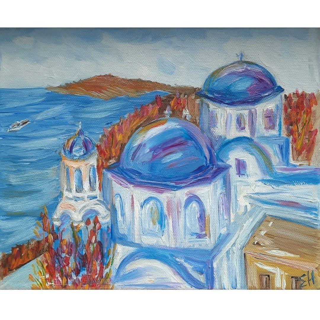 Greece oil painting Santorini oil painting - 海报/装饰画/版画 - 棉 蓝色