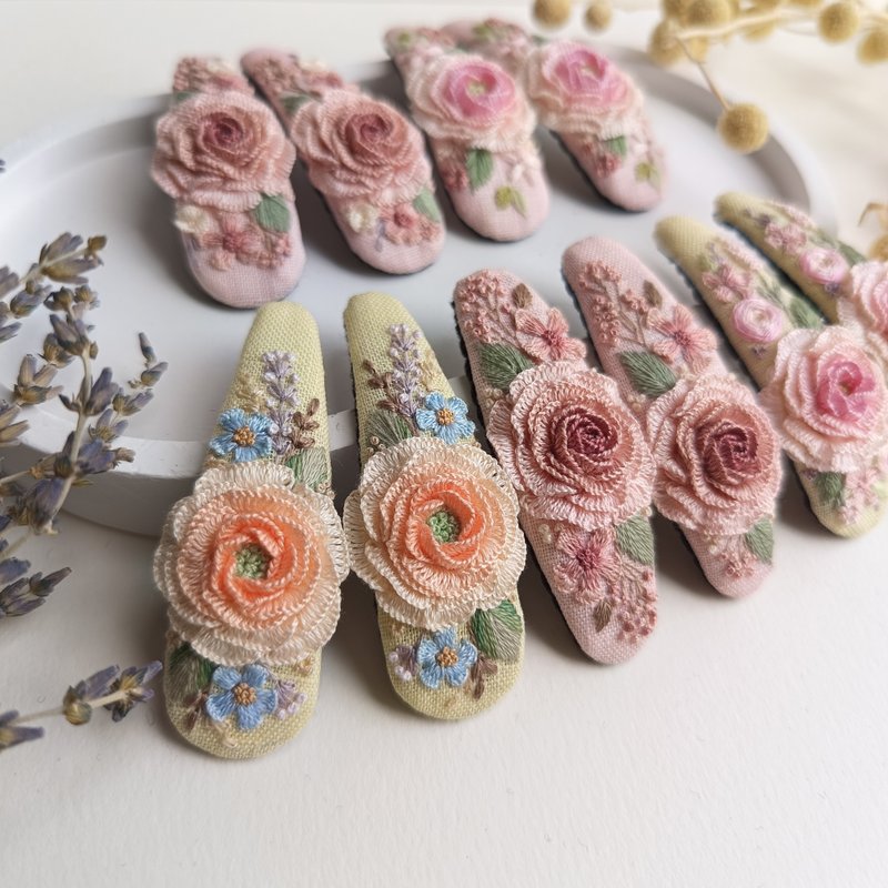 花朵发夹，手绣发夹，玫瑰发夹 - 发饰 - 棉．麻 粉红色