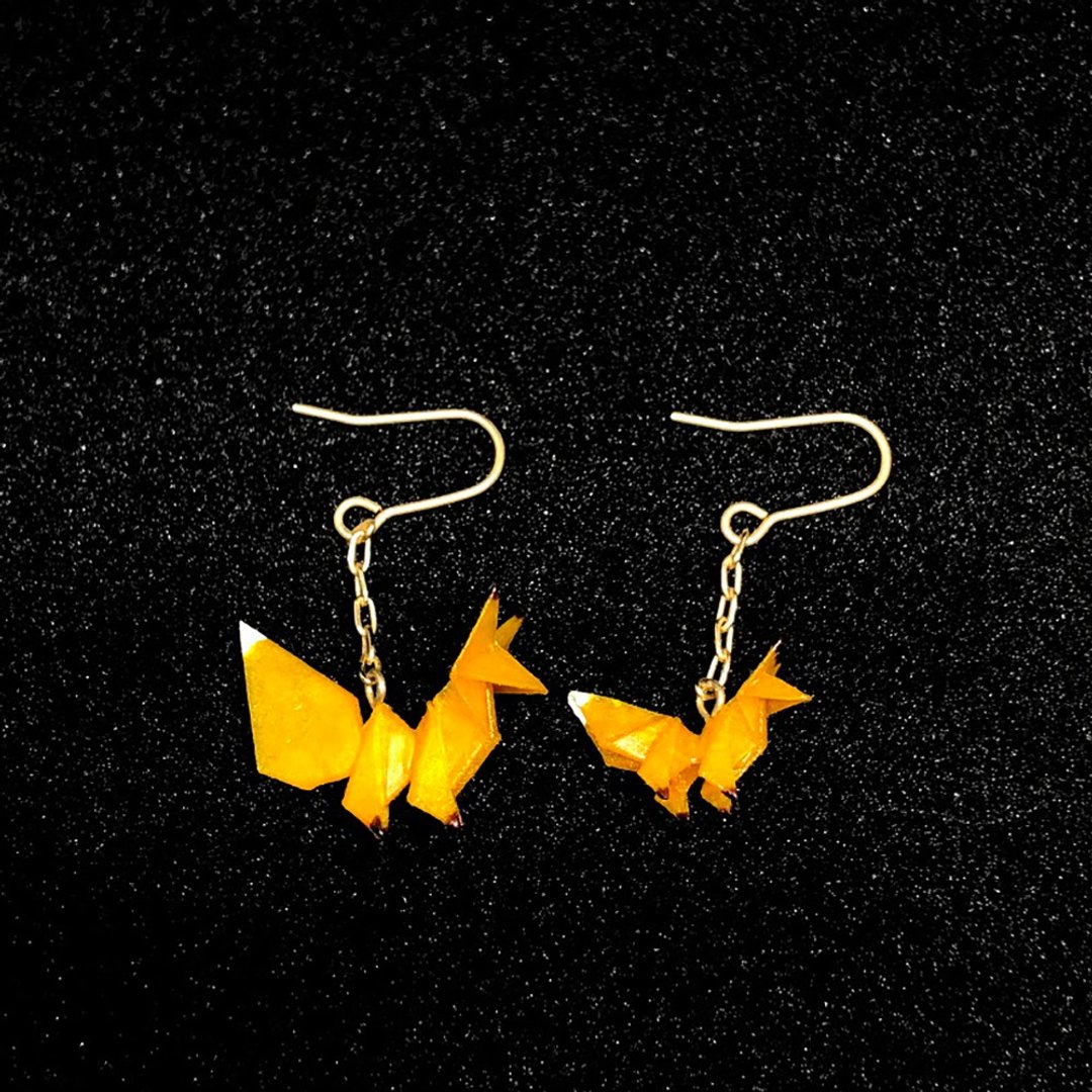 origami fox earring - 耳环/耳夹 - 纸 黄色