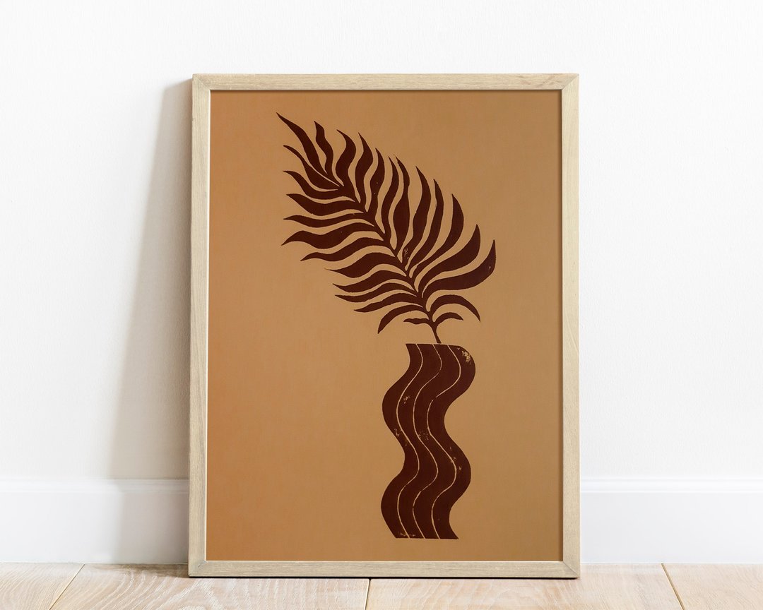 Linocut 印花波西米亚风棕米色波浪花瓶植物原创艺术品墙艺术装饰 - 墙贴/壁贴 - 纸 咖啡色