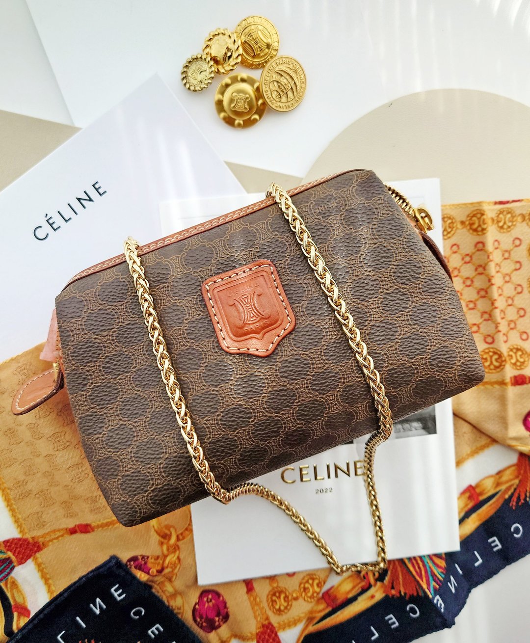 中古包 CELINE 棕花化妆包链条包云朵包斜背包斜挎包手拿包单肩包 - 侧背包/斜挎包 - 防水材质 咖啡色