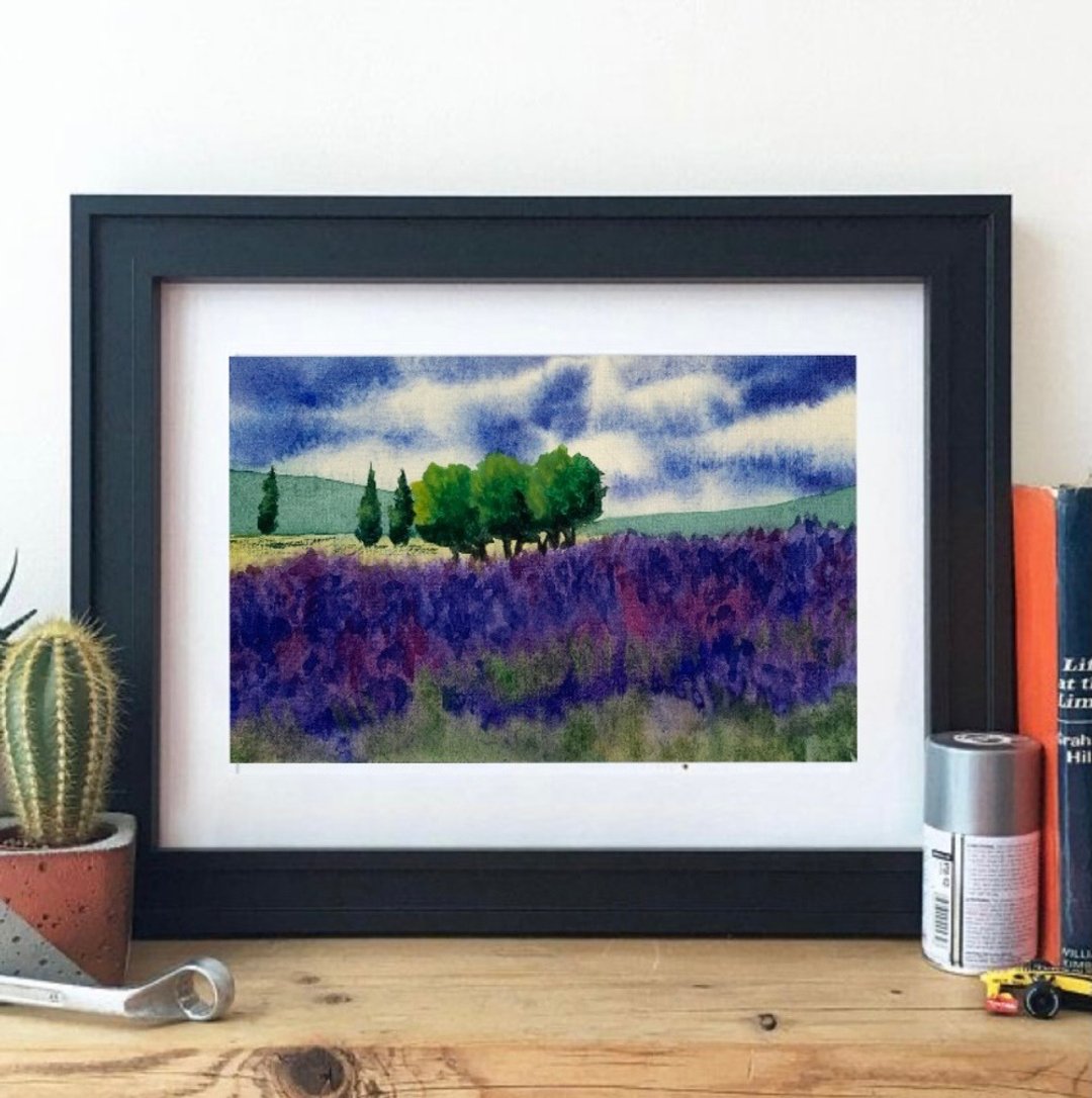Original Watercolor Lavender Landscape Flower Field Art Trees Painting - 墙贴/壁贴 - 纸 多色