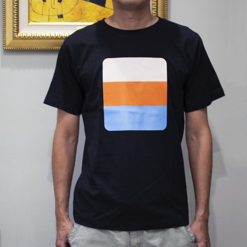 撞色拼接中性T恤 / 文青简约风格 / 白橘蓝三色设计 - 男装上衣/T 恤 - 棉．麻 黑色