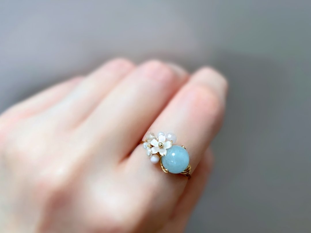 Cherry blossoms - 海蓝宝石与粉红贝壳线圈戒指 - 戒指 - 宝石 蓝色