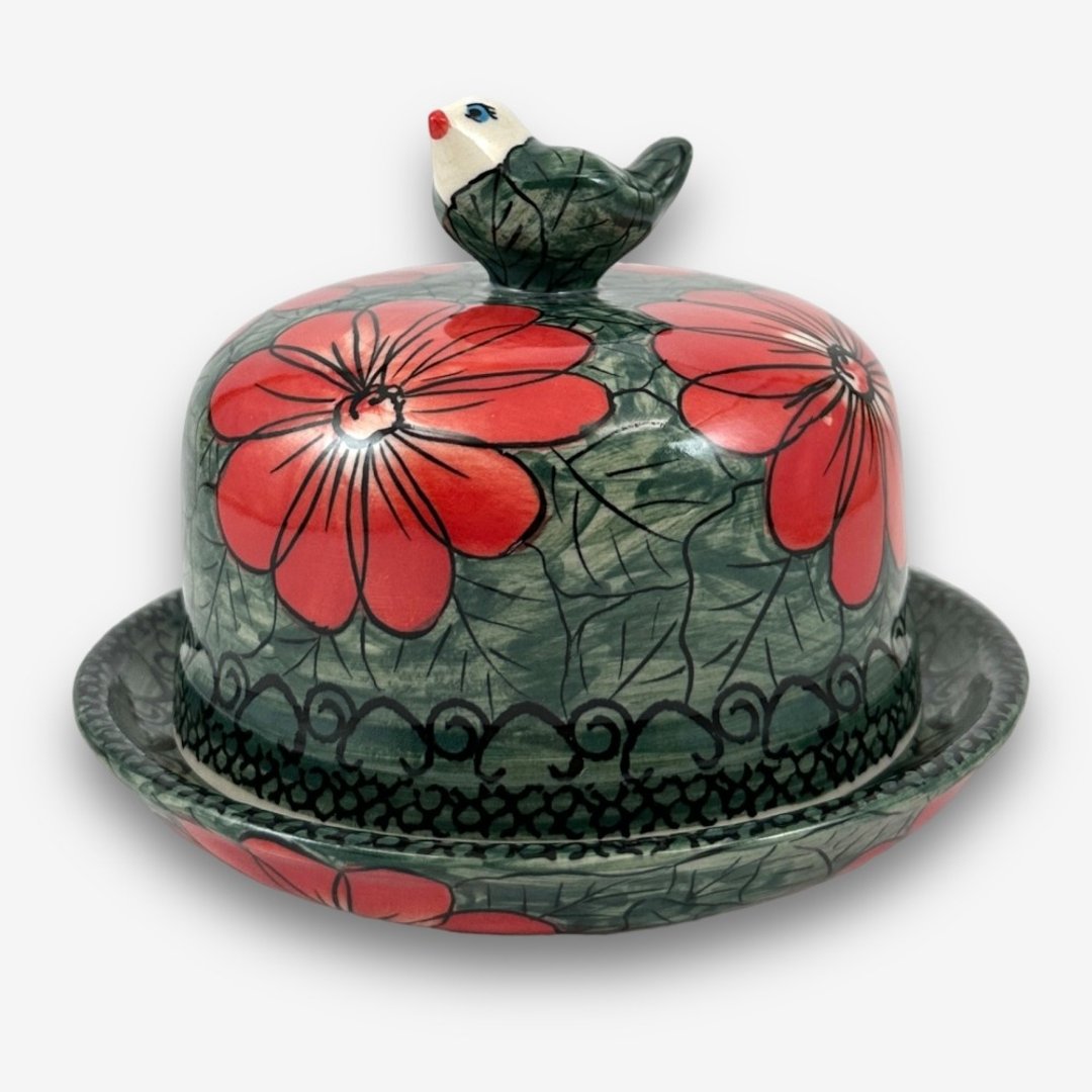 波兰手绘手工陶-奶油盅 13cm 漾红系列 设计师款 - 盘子/餐盘/盘架 - 陶 绿色