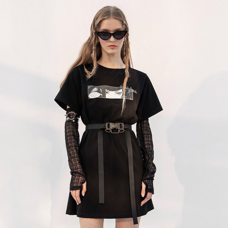 魔法少女袖套纯棉连身裙 / 附腰带与袖套 / 宽松版型 - 洋装/连衣裙 - 其他材质 黑色